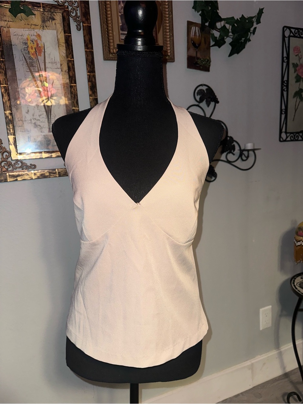 Vintage Y2K Alyn Paige Beige V Neck Halter Top with Zipper, Size 11/12, L